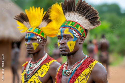 A village scene in the Omo Valley, with tribal members wearing traditional ornaments and body paint, preparing for a cultural ritual photo