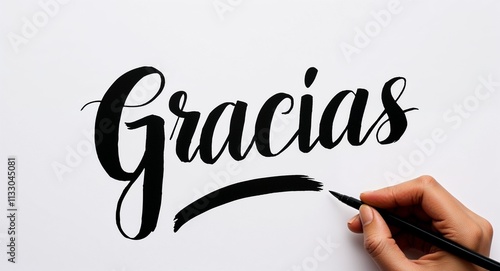 gracias calligraphic hand writing with blank ink on plain white background