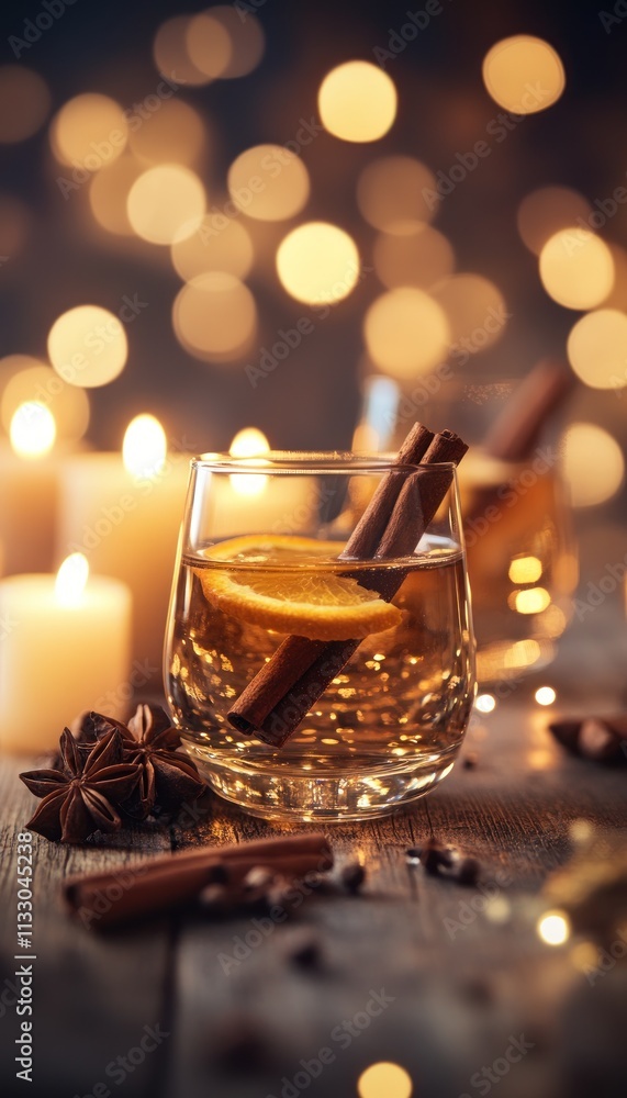 A cozy drink with cinnamon and orange, set against a warm, blurred background of lights. A cozy drink with cinnamon and orange, set against a warm, blurred background of lights.