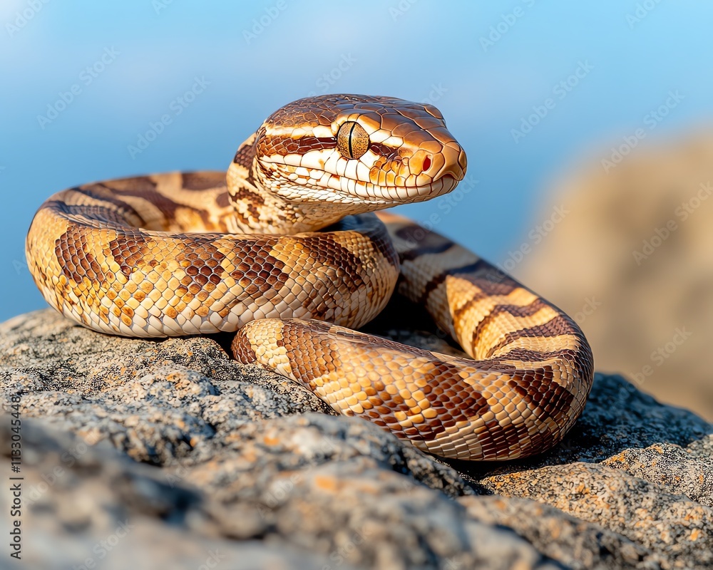 Fototapeta premium Stunning orange and white snake coiled on rock