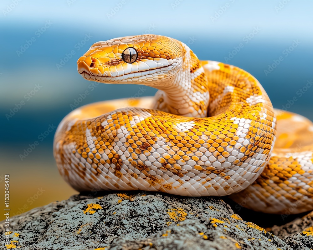 Fototapeta premium Stunning orange and white snake coiled on rock