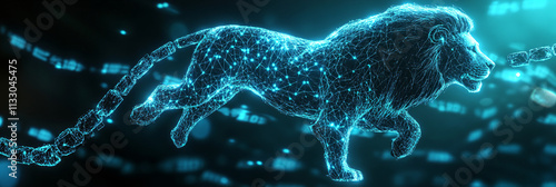 A digital food chain icon linked to a glowing lion, symbolizing online ecological research platforms studying trophic levels in ecosystems.   photo