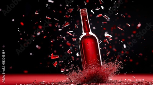 Bottle of red wine is shattered on the ground, with shards of glass scattered around it. Concept of destruction and chaos, as if the bottle has been violently broken