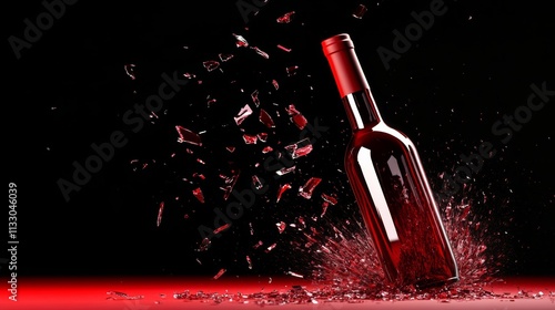 Bottle of red wine is shattered on a table, with glass shards scattered around it. Concept of destruction and chaos, as the wine bottle has been broken and its contents spilled