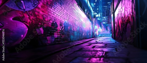 Vibrant Urban Alley at Night Showcasing Colorful Graffiti and Neon Lights, Capturing the Dynamic Spirit of a City’s Creative Underbelly Full of Energy and Life