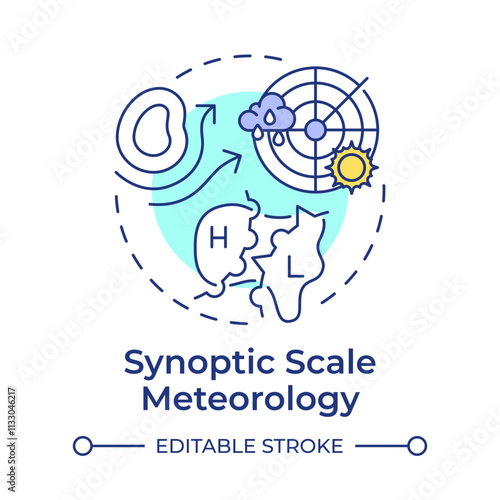 Synoptic scale meteorology multi color concept icon. Large weather systems analysis. Weather forecasting. Round shape line illustration. Abstract idea. Graphic design. Easy to use in article