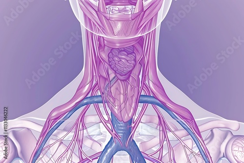 An illustration of the human thyroid gland, showing its location and connection to the trachea