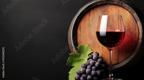 Glass of red wine is poured into a wooden barrel. The wine is surrounded by grapes and a leaf. Concept of relaxation and enjoyment, as the wine is being poured into a barrel