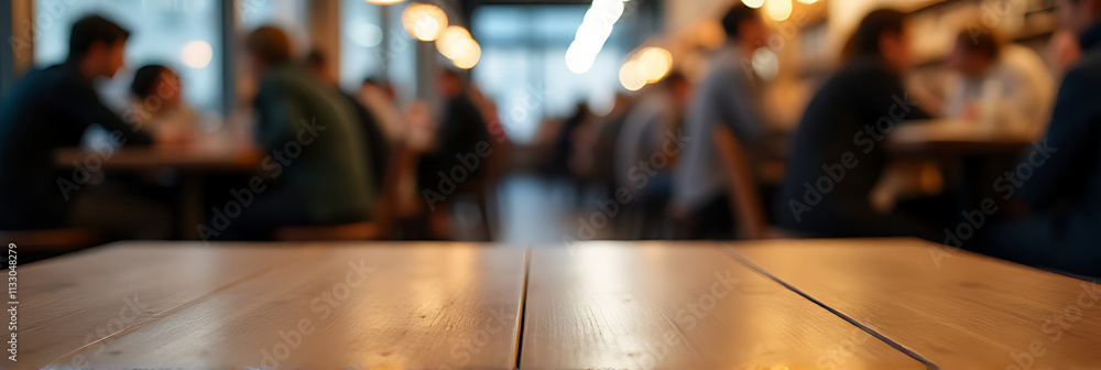 Naklejka premium A table in a crowded coffee shop has an empty wooden surface amidst a blurred crowd of people sitting around it._00002_