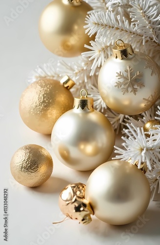 Holiday ornaments with gold and white Christmas balls on a light background for holiday cheer