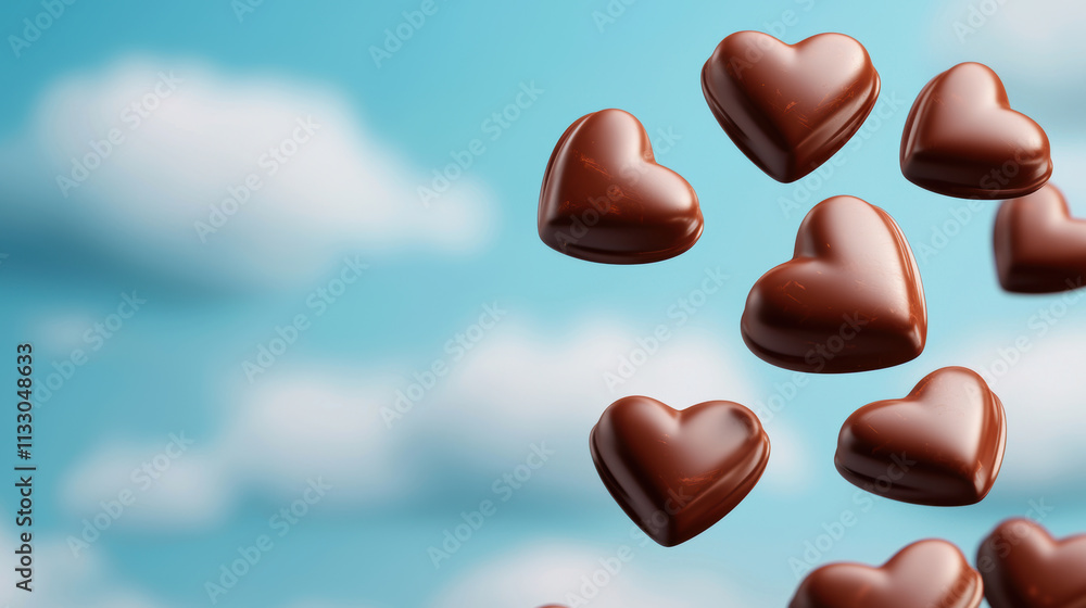 Obraz premium Delightful chocolate hearts floating in blue sky with clouds