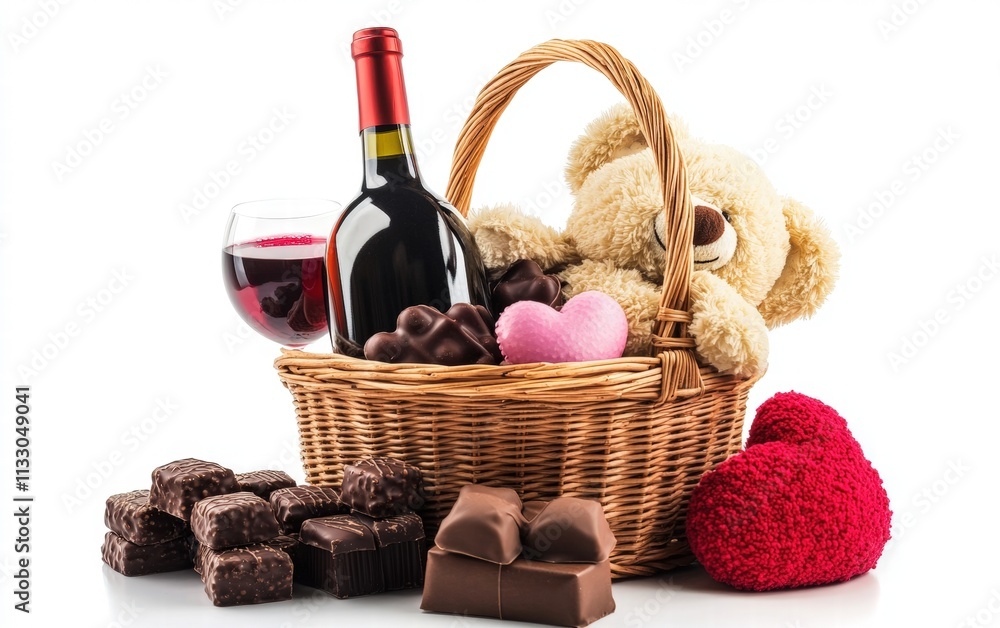 A romantic gift basket filled with wine, chocolates, and a plush toy placed on a bright white background A romantic gift basket filled with wine, chocolates, and a plush toy placed on a bright white background