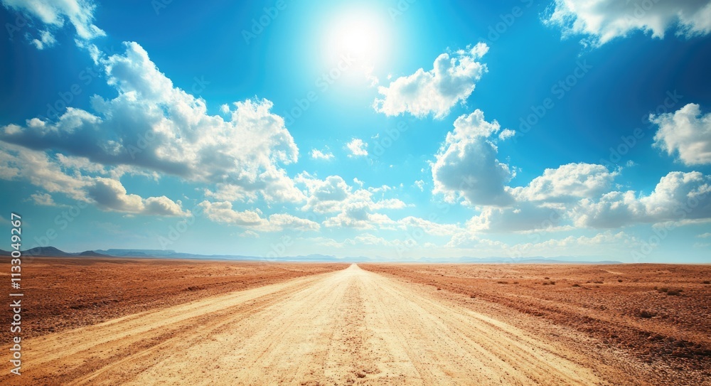 Fototapeta premium Scenic Dirt Road Winding Through the Hajar Mountains of Dubai, UAE: A Breathtaking Emirati Landscape Under Bright Blue Skies with Beautiful Clouds
