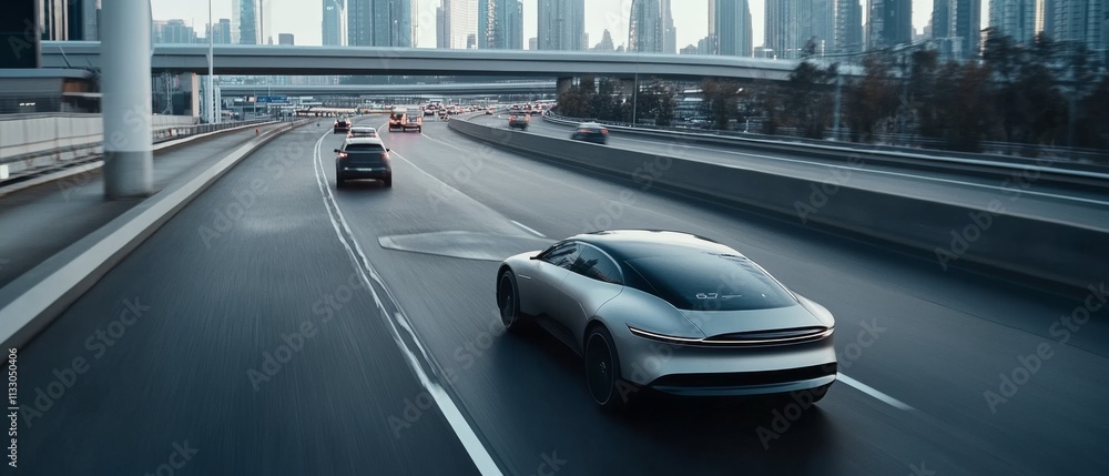Obraz premium A sleek, futuristic car glides down a highway at dusk, framed by a city skyline under a cloudy sky.