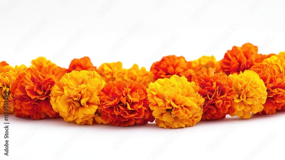 Vibrant Orange and Yellow Marigold Blossoms: Ornate Indian Floral Garlands for Celebrations and Traditional Ceremonies Vibrant Orange and Yellow Marigold Blossoms: Ornate Indian Floral Garlands for Celebrations and Traditional Ceremonies