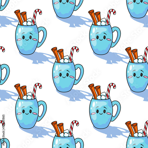 Seamless Blue Kawaii Hot Cocoa Mugs Pattern. Vector Illustration
