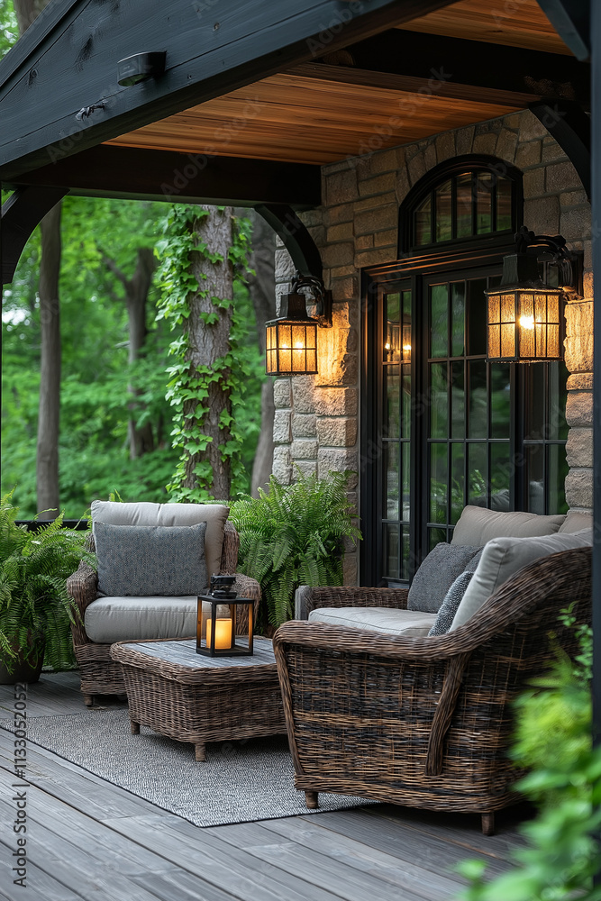 Fototapeta premium Photographie immobilière d'une terrasse cosy avec mobilier de jardin élégant et végétation luxuriante