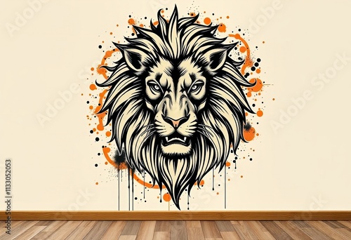 A lion with a fierce look on its face is painted on a wall photo