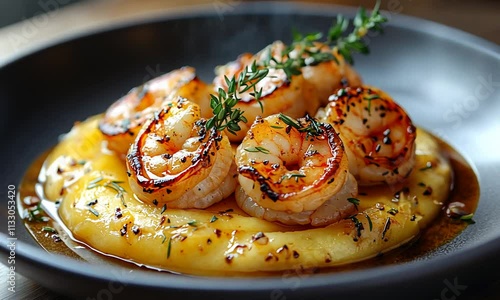 A delicious plate of grilled shrimp on creamy polenta, garnished with thyme.