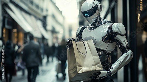 Wallpaper Mural Robot holding shopping bag on city street. Torontodigital.ca