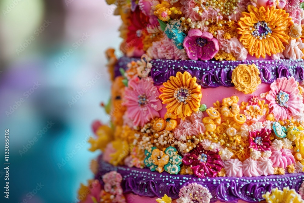 Fototapeta premium Colorful Floral Cake Decorated With Buttercream Flowers