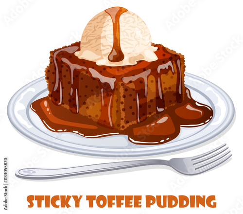 Sticky Toffee Pudding with Vanilla Ice Cream Scoop Served in Plate with Fork. Traditional British Dessert Detailed Illustration 