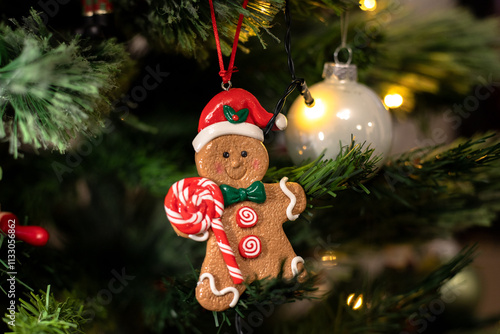 Christmas tree hanging decoration closeup gingerbread
