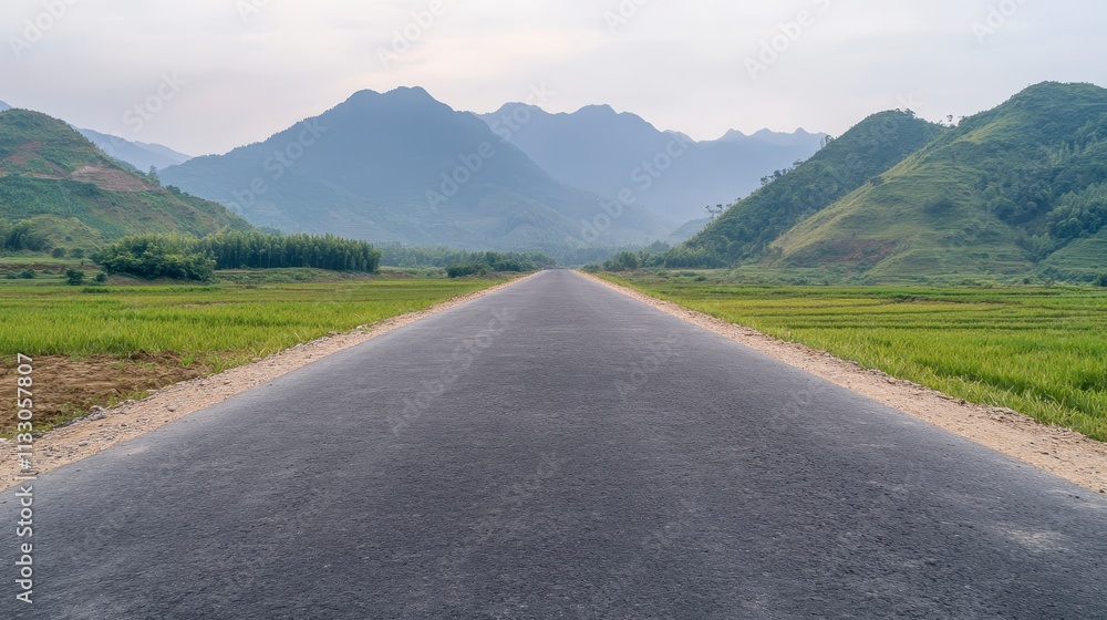Fototapeta premium Scenic Asphalt Road Through Lush Green Rice Paddies and Mountains