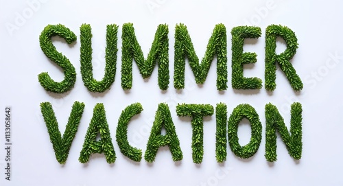 summer vacation lettering made of green leaves nature concept on plain white background