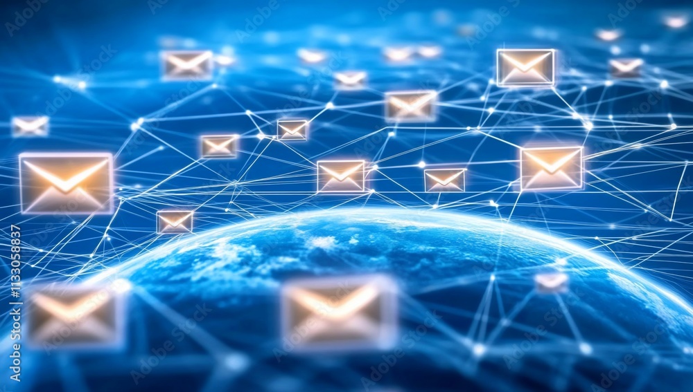 Obraz premium Digital communication network with email icons over a globe.