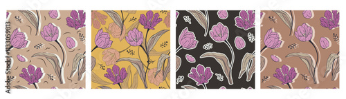 Vintage seamless patterns set with purple tulip flowers. Hand drawn floral background. Spring flowers silhuette wallpaper bundle