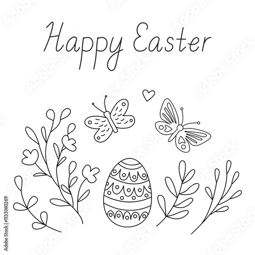 Happy Easter greeting card with a an easter egg, flowers and butterflies. Vector illustration and lettering in doodle hand drawn style, black outline. Great for coloring.