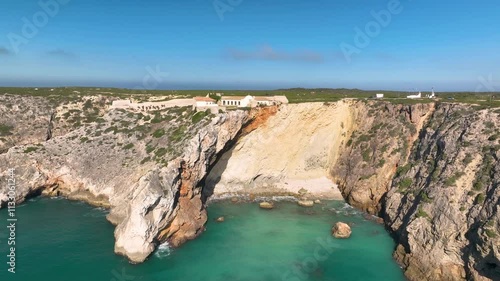 Aerial video of the Cabo de Sao Vicente fort and lighthouse. Algarve, Portugal