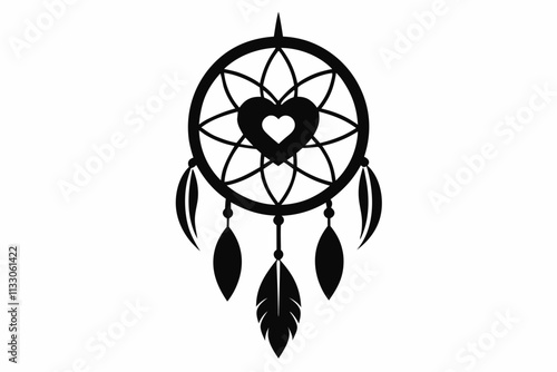 Heart dream catcher design. Tribal indian symbol. Ethnic vector illustration. Dreamcatchers silhouette. Boho style print. Outline sign threads, beads and feathers. Native american design.