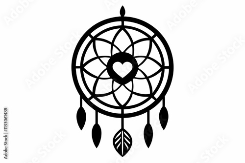 Heart dream catcher design. Tribal indian symbol. Ethnic vector illustration. Dreamcatchers silhouette. Boho style print. Outline sign threads, beads and feathers. Native american design.