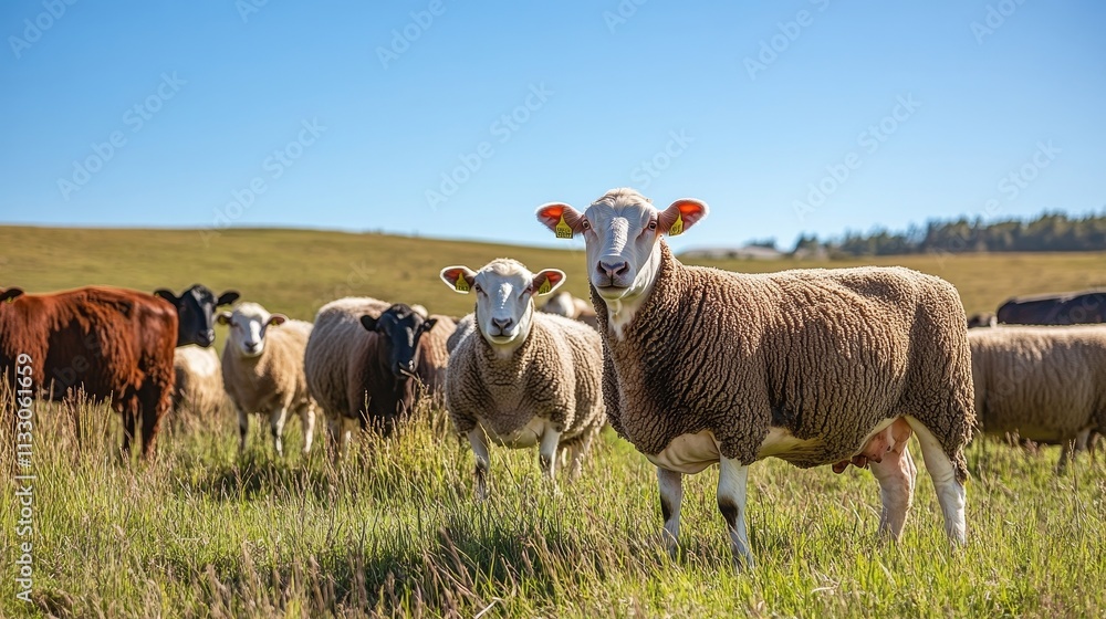 Fototapeta premium Sheep and cows peacefully grazing under a clear blue sky.