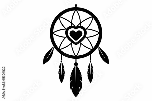 Heart dream catcher design. Tribal indian symbol. Ethnic vector illustration. Dreamcatchers silhouette. Boho style print. Outline sign threads, beads and feathers. Native american design.