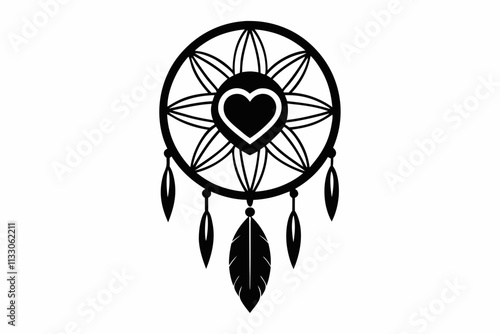 Heart dream catcher design. Tribal indian symbol. Ethnic vector illustration. Dreamcatchers silhouette. Boho style print. Outline sign threads, beads and feathers. Native american design.