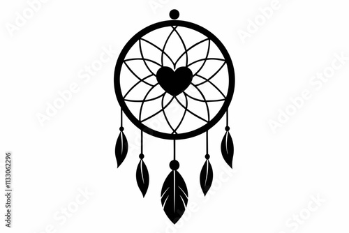 Heart dream catcher design. Tribal indian symbol. Ethnic vector illustration. Dreamcatchers silhouette. Boho style print. Outline sign threads, beads and feathers. Native american design.