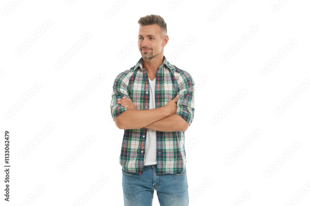 Fototapeta premium Man in checkered shirt isolated on white. Handsome mature man with hair. Stylish male. Men casual style. Portrait of handsome guy in menswear. Stylish menswear fashion. Caucasian mature man