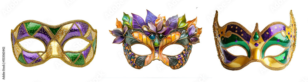 Set of 3 masquerade masks in purple, gold and green colors isolated on transparent background, mardi gras and carnival traditional festival, png
