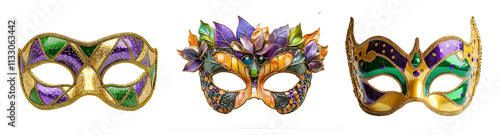 Obraz na płótnie Set of 3 masquerade masks in purple, gold and green colors isolated on transparent background, mardi gras and carnival traditional festival, png w salonie