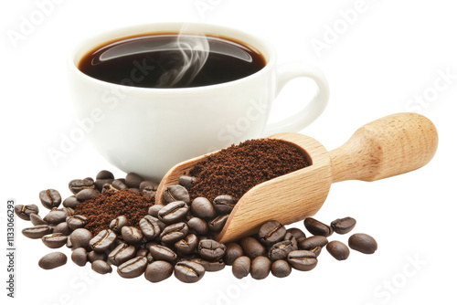 Close-up of a wooden scoop filled with dark roasted coffee beans beside a mound of freshly ground coffee. A steaming cup of black coffee sits in the background photo