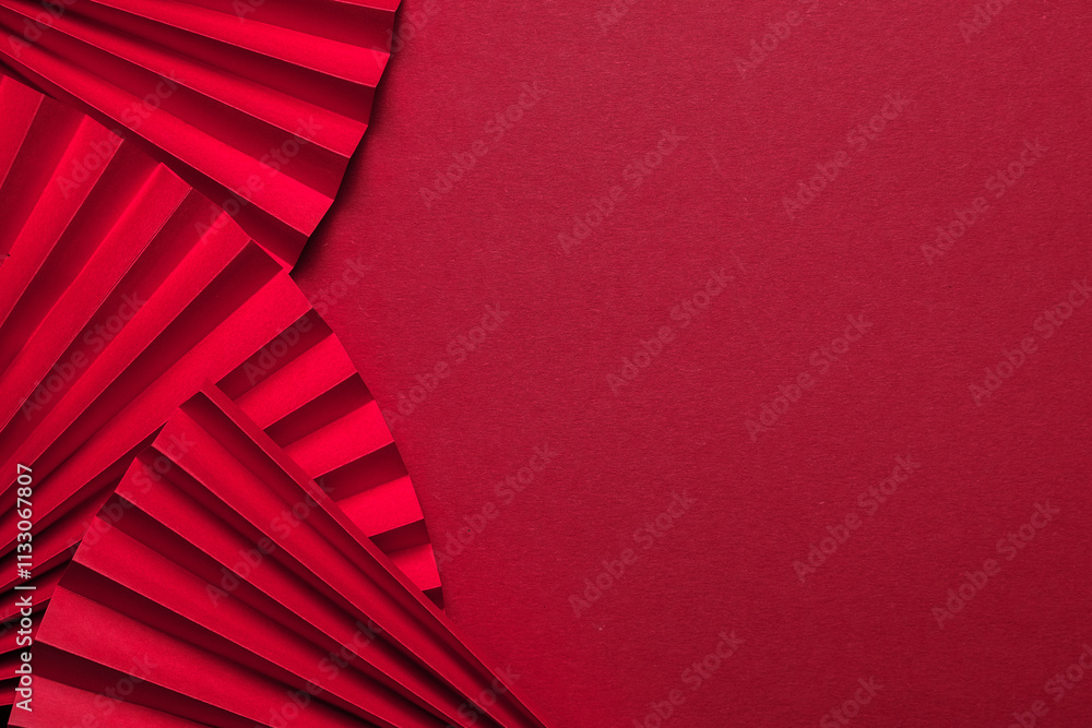 Fototapeta premium Chinese New Year 2023 .Decor pattern fan on red background. Red paper fans .Lunar New Year banner template. Color of the year 2023 viva magenta.color pantone Lunar New Year,chinese banner