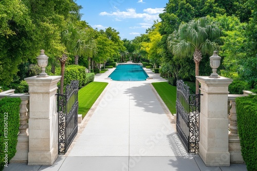 A gated estate with high stone walls, a wrought-iron gate, and a tree-lined driveway leading to a secluded villa