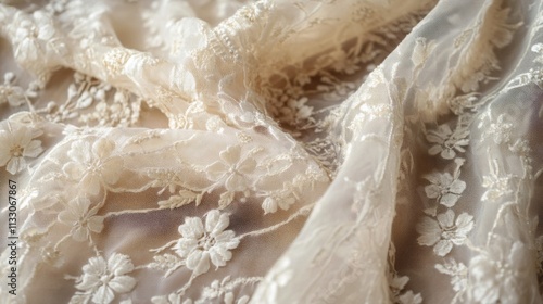 Delicate White Lace Fabric with Embroidered Floral Motifs