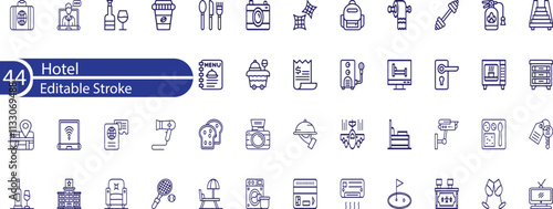 Hotel web icons set. Hotel and vacation simple thin line icons collection. Containing hotel services, relax, travel, service, room icons and more