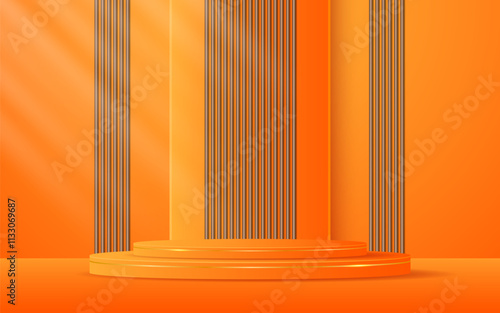 Orange podium with elegant golden lines with brown slatted backdrop for advertisement display. Display of cosmetic products. stage or podium. vector illustration	