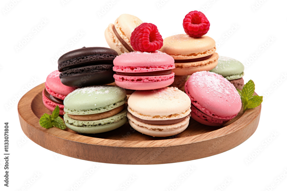 Fototapeta premium A vibrant assortment of French macarons in various flavors, including raspberry, pistachio, and chocolate, elegantly arranged on a rustic wooden platter. 
