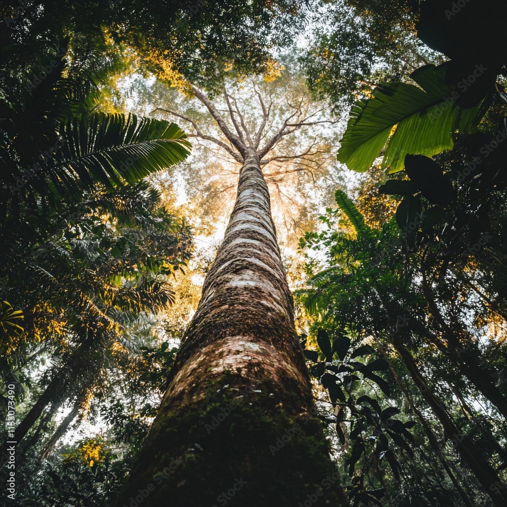 Fototapeta premium Low-angle view of a tall tree in a lush forest.